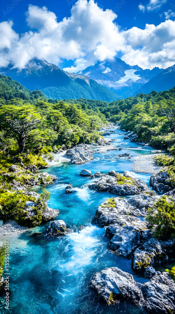 Naklejka premium Majestic Mountain River Winding Through Lush Valley