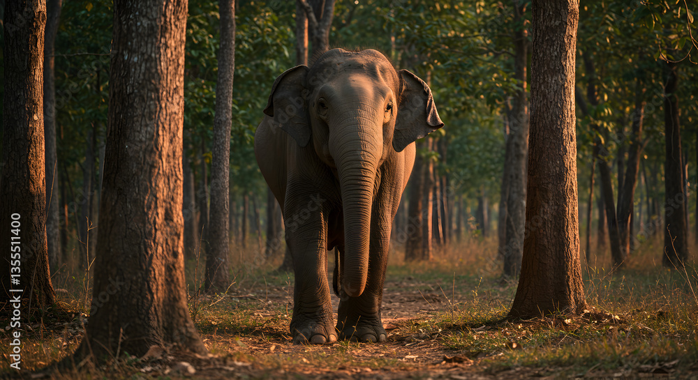 Fototapeta premium Elephant Standing Calmly Amongst Trees in a Lush