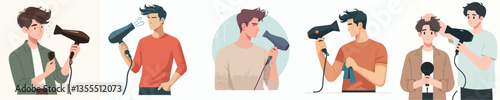 vector of young man using hairdryer