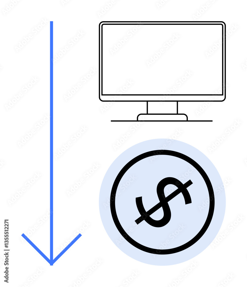 Downward blue arrow connects computer monitor and dollar sign, highlighting reducing digital costs. Ideal for expenses, savings, budgeting, finance, cost analysis, digital management, flat simple Downward blue arrow connects computer monitor and dollar sign, highlighting reducing digital costs. Ideal for expenses, savings, budgeting, finance, cost analysis, digital management, flat simple