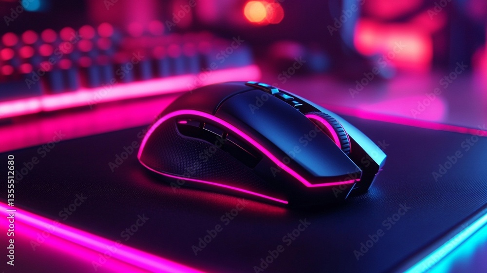 Close-up of a gaming mouse on a neon-lit mousepad, keyboard in soft focus background. Close-up of a gaming mouse on a neon-lit mousepad, keyboard in soft focus background.