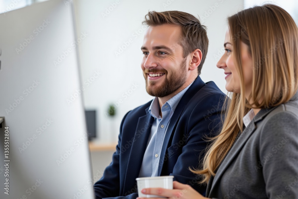 Smiling Caucasian Man and Woman Collaborating in Modern Office Environment: Engaged in Serious Discussion while Working on Computer with Coffee Cup Smiling Caucasian Man and Woman Collaborating in Modern Office Environment: Engaged in Serious Discussion while Working on Computer with Coffee Cup
