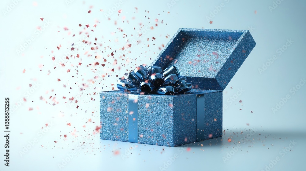 Fototapeta premium Blue gift box opening with confetti on light blue background