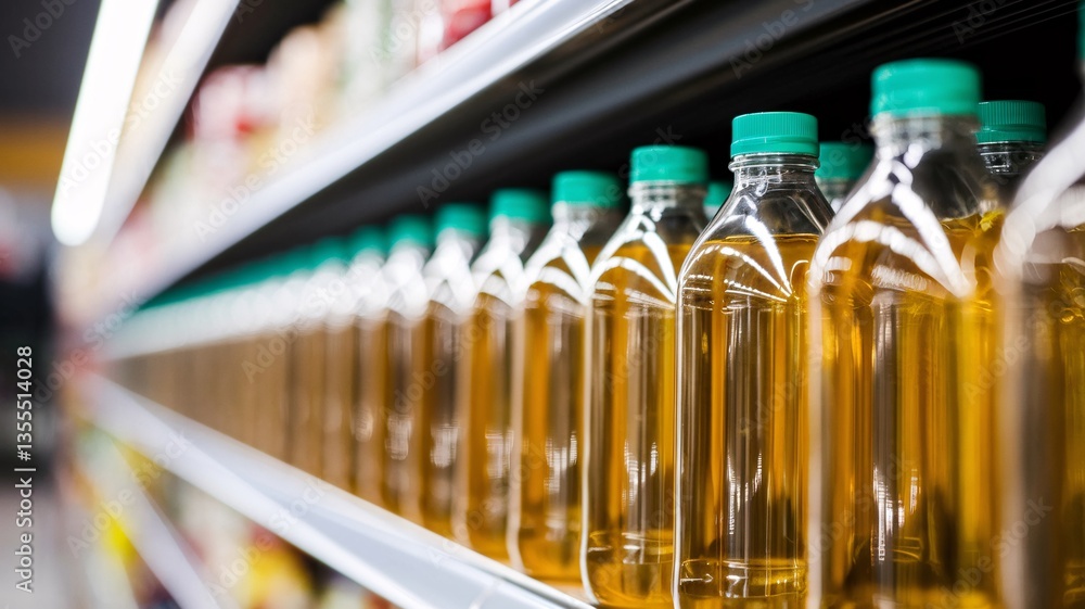 Golden Bottles: A close-up showcases rows of neatly arranged bottles filled with a golden liquid, displayed on shelves in a commercial setting. the scene evokes the atmosphere of a market. Golden Bottles: A close-up showcases rows of neatly arranged bottles filled with a golden liquid, displayed on shelves in a commercial setting. the scene evokes the atmosphere of a market.