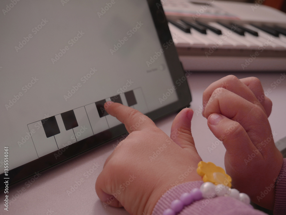 Obraz premium Music lessons app for children. Girl choosing the answer on screen.