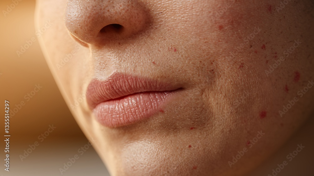 Fototapeta premium Acne Skin Close-Up: The photo reveals a close-up of skin texture, prominently showing the presence of acne, offering a detailed look at the condition.