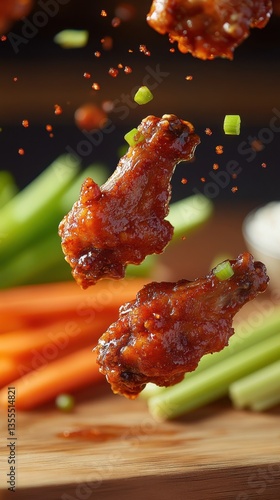 Alitas de pollo, comida, aperitivo, salsa, zanahorias, apio