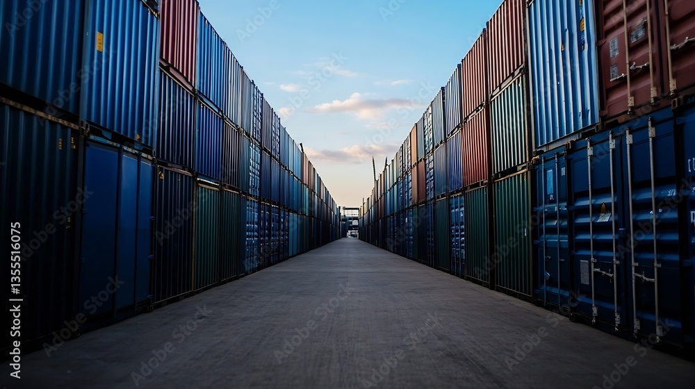 Fototapeta premium Colorful cargo containers stacked neatly on a dock under a bright blue sky : Generative AI