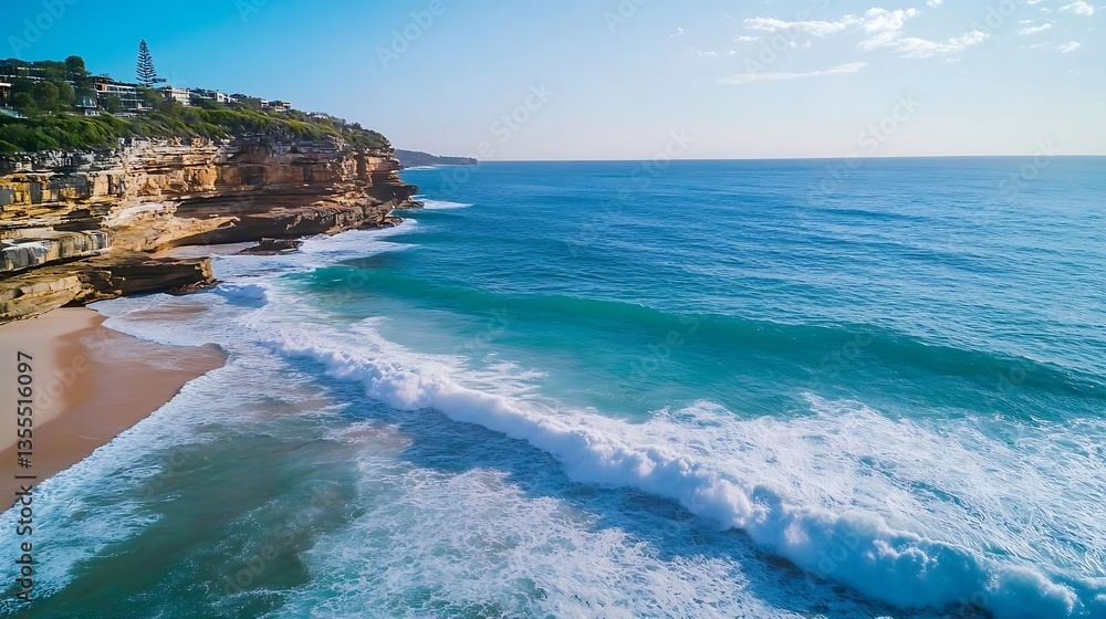 Breathtaking Aerial View of Coastal Landscape with Gentle Waves and Clear Blue Ocean : Generative AI Breathtaking Aerial View of Coastal Landscape with Gentle Waves and Clear Blue Ocean : Generative AI