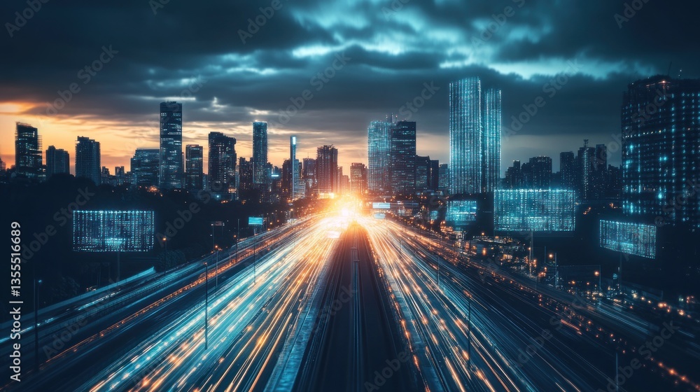 A virtual city skyline with animated lights and digital billboards. A virtual city skyline with animated lights and digital billboards.