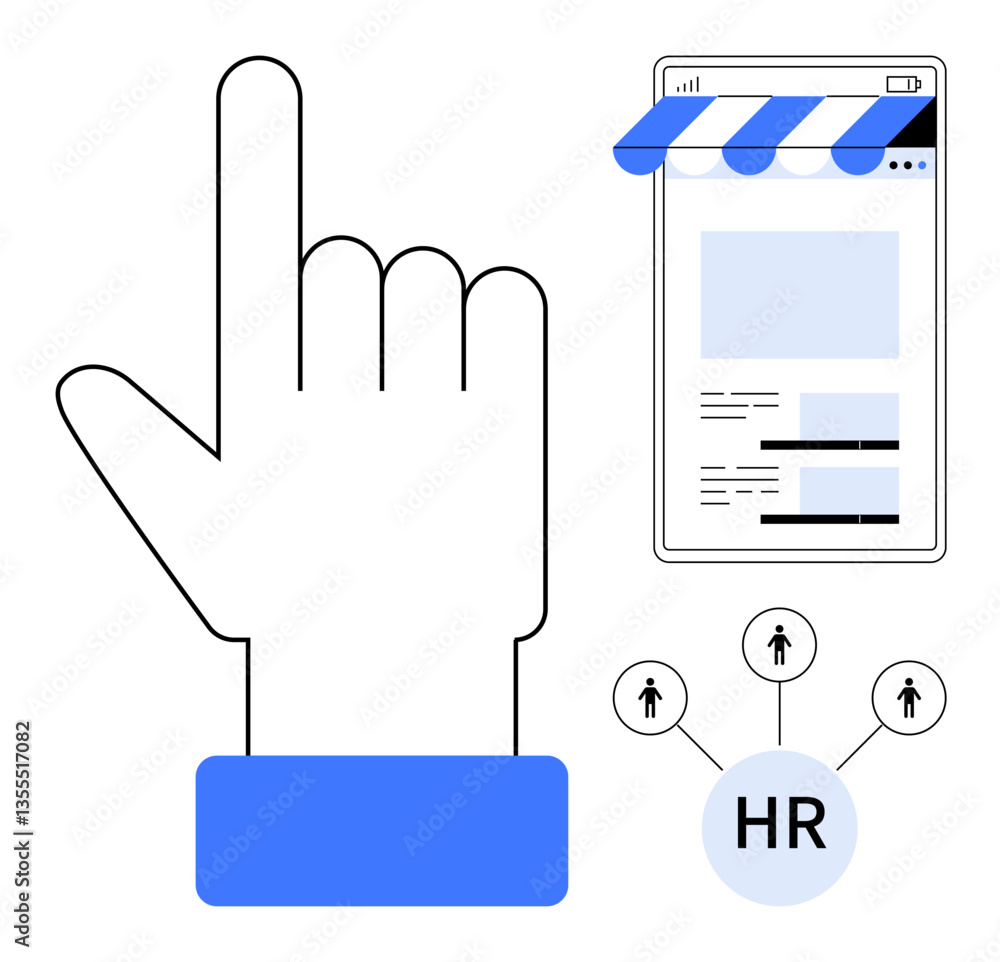 Hand interacting with smartphone interface, HR network connecting individuals. Ideal for recruitment, management, technology, hiring, human resources, mobile apps workplace tools. Flat simple Hand interacting with smartphone interface, HR network connecting individuals. Ideal for recruitment, management, technology, hiring, human resources, mobile apps workplace tools. Flat simple