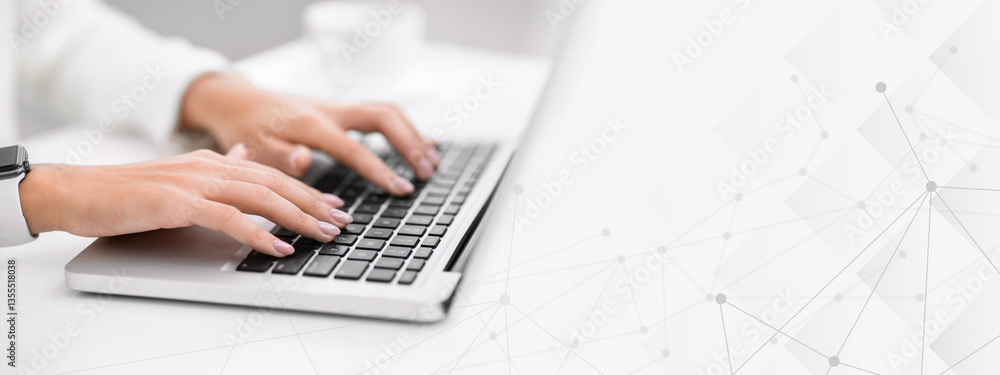 Writing Blog. Unrecognizable woman working on laptop, searching information. Selective focus, copy space Writing Blog. Unrecognizable woman working on laptop, searching information. Selective focus, copy space