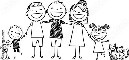 Smiling stick figure family members are standing together with their pets for representing family values and togetherness designs.