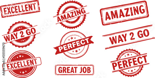 Various red rubber stamp designs display positive affirmations like 'Excellent' and 'Amazing' Use it for visual communication to highlight.