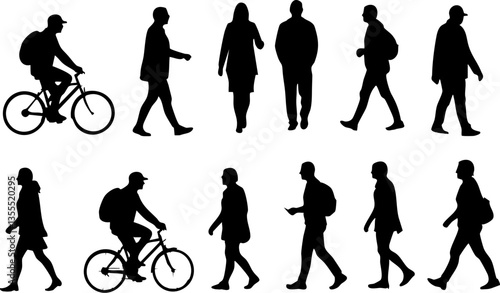 Collection of black silhouette illustrations showing people walking, standing, and cycling against a white background Ideal for graphic design, or.