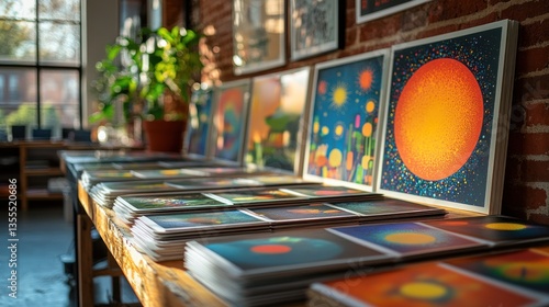 Wallpaper Mural Art prints displayed on table in gallery, brick wall background, for sale Torontodigital.ca