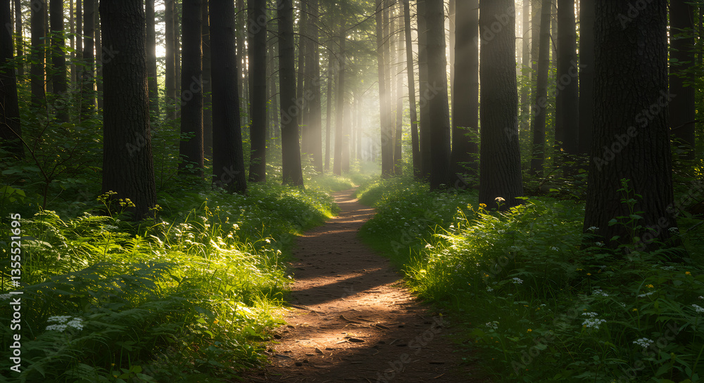 Obraz premium Walking on Forest Path Through Trees with Sunlight Breaking Through