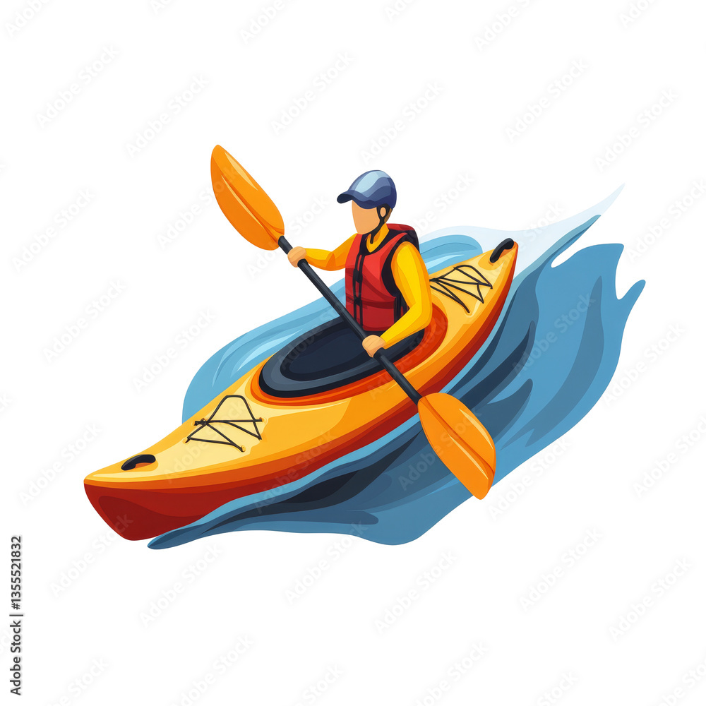 Person kayaking on a river wearing a life jacket and paddling with oars