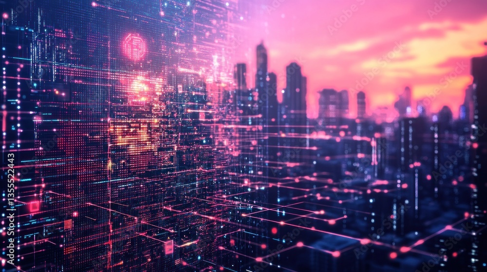 AI-powered city skyline with neon lights and data streams. AI-powered city skyline with neon lights and data streams.