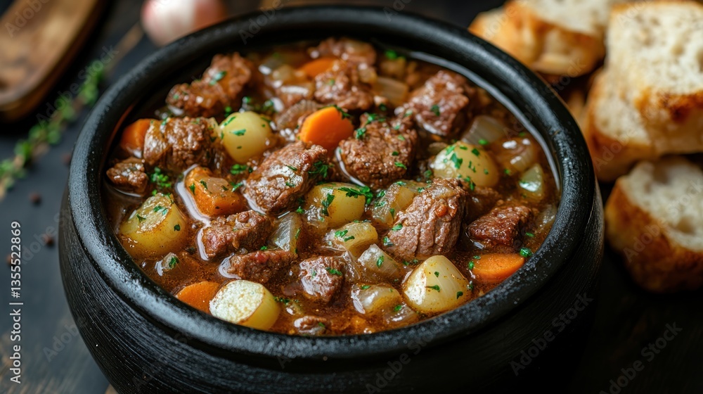 Beef stew with vegetables in a pot on a rustic table Beef stew with vegetables in a pot on a rustic table