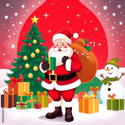 Santa Claus Holding Gifts in Front of a Christmas Tree - Festive Holiday Art, Santa Claus with Gifts, Christmas Celebration Scene, Festive Holiday Illustration, Magical Christmas Scene Santa 8K HD