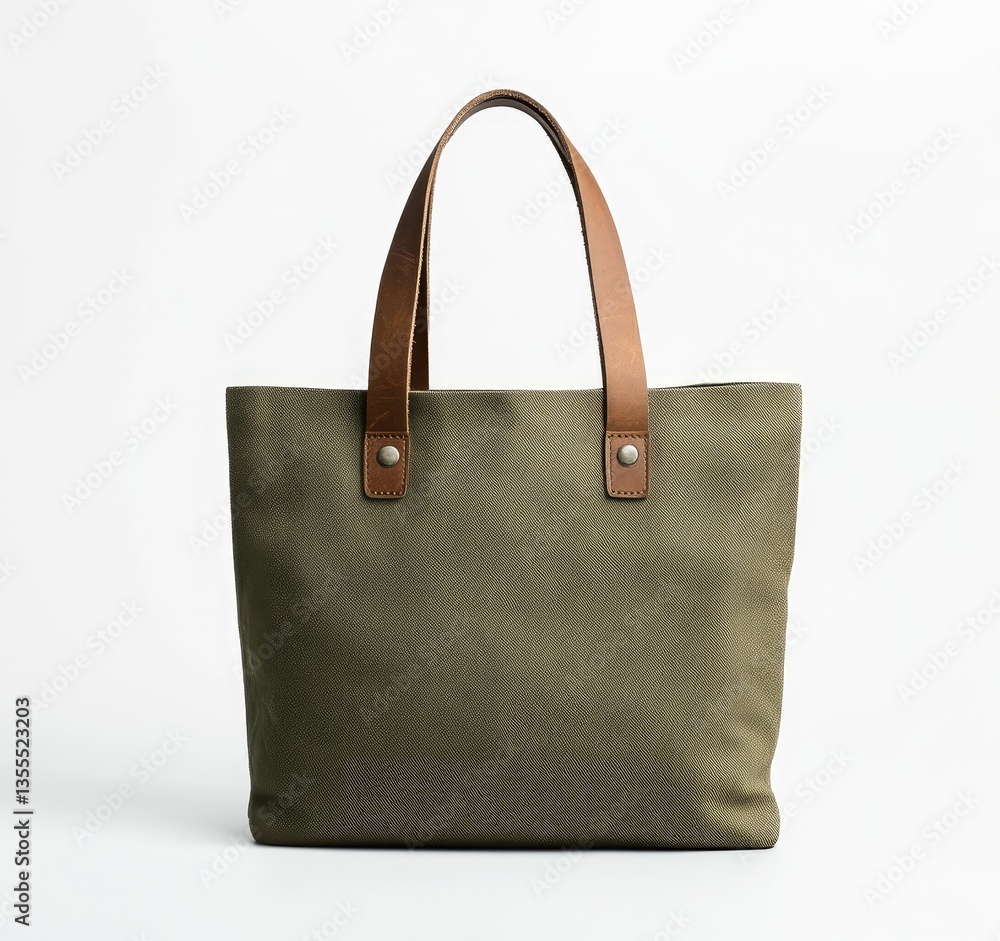 Olive green canvas tote bag with brown leather handles Olive green canvas tote bag with brown leather handles