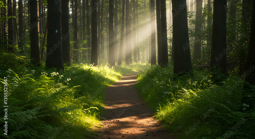Fototapeta premium Hiking Trail Shines with Sunbeams Through Forest Trees and Greenery