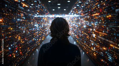 Wallpaper Mural A person stands amidst a digital data stream. Explore data analysis systems in a mesmerizing environment perfect for futuristic tech presentations and scientific visualizations. Torontodigital.ca
