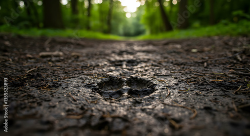Animal Paw Print in Muddy Forest Path After Rain Adventure