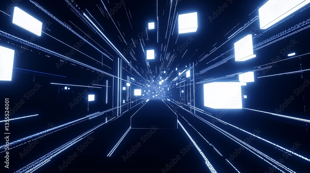 Obraz premium Abstract digital tunnel with blue glowing cubes and lines on dark background