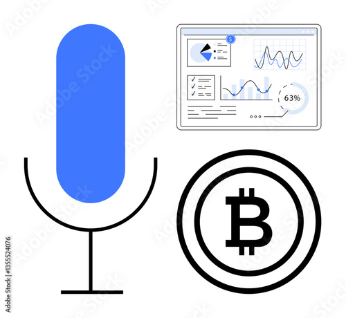Blue microphone, data dashboard with analytics, and Bitcoin symbol representing technology advancements, voice AI, finance trends. Ideal for fintech, AI, blockchain, trading growth strategy