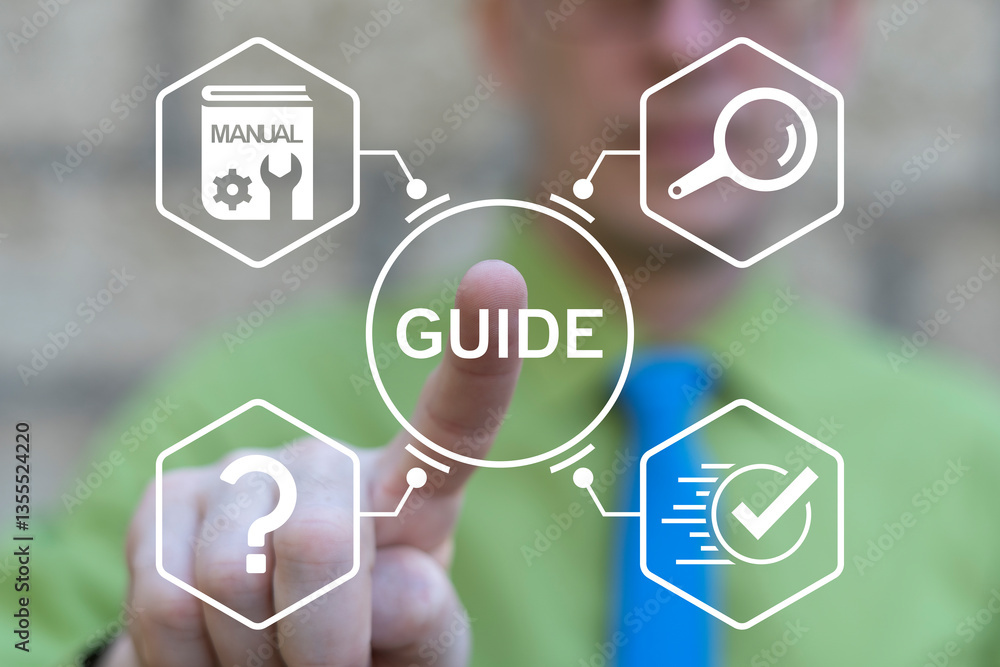Person using virtual touch screen push text: GUIDE. User Guide Information Manual Business Education Concept. Technical Instruction Book. Online guidebook.