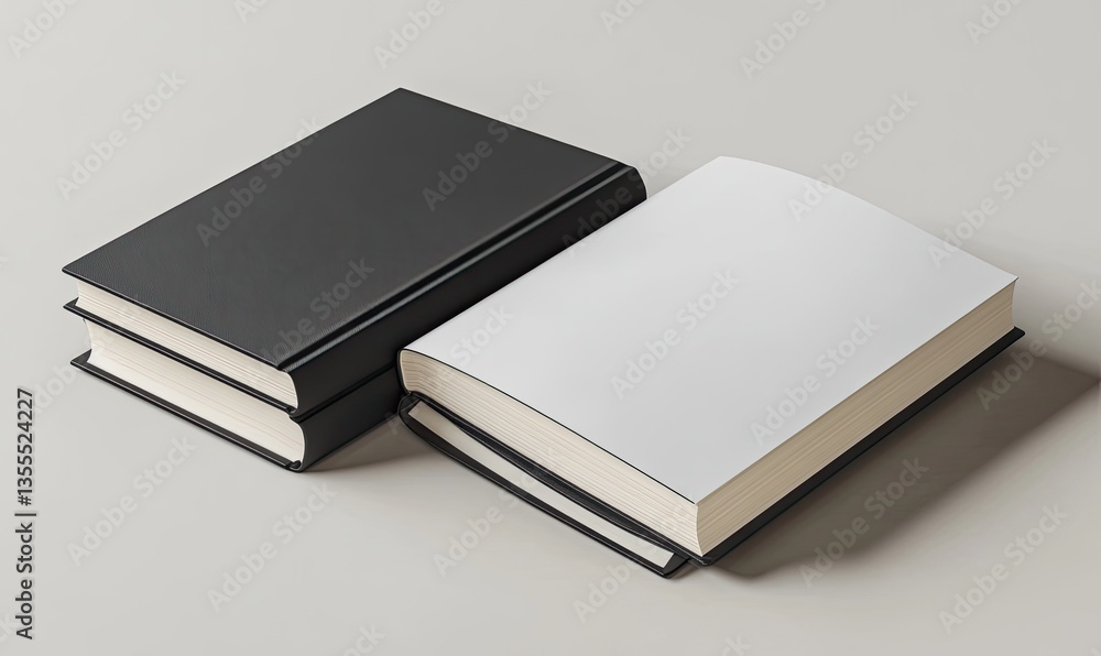 Two books, one black, one open white, on a light gray surface Two books, one black, one open white, on a light gray surface