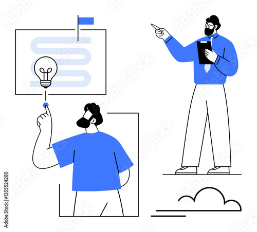 Two individuals discussing innovative ideas, light bulb representing creativity, one pointing to strategies. Ideal for teamwork, innovation, leadership, brainstorming, strategy, education flat