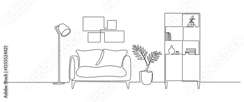 Cabinet with lamp and shelf with home plant in continuous one line drawing. Indoor furniture with frame for modern design in simple linear style. Editable stroke. Doodle oneline vector illustration