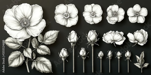 Collection of monochrome botanical illustrations featuring various stages of rose blossoms, from buds to fully opened flowers, displayed against a dark background