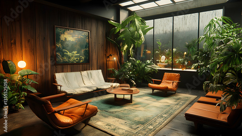 Wallpaper Mural A cozy interior with warm lighting wooden walls and lush plants. Ideal for relaxation and contemplation. Perfect for a design magazine or a hotel. Torontodigital.ca