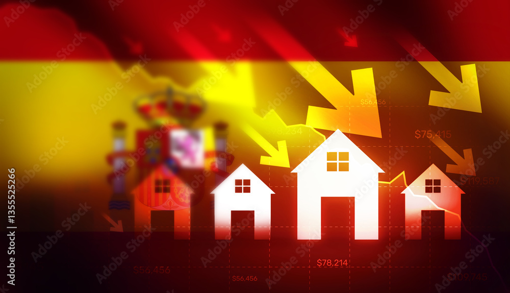 Φωτογραφία Real estate market crash and housing crisis in Spain concept with glowing house and arrows going down