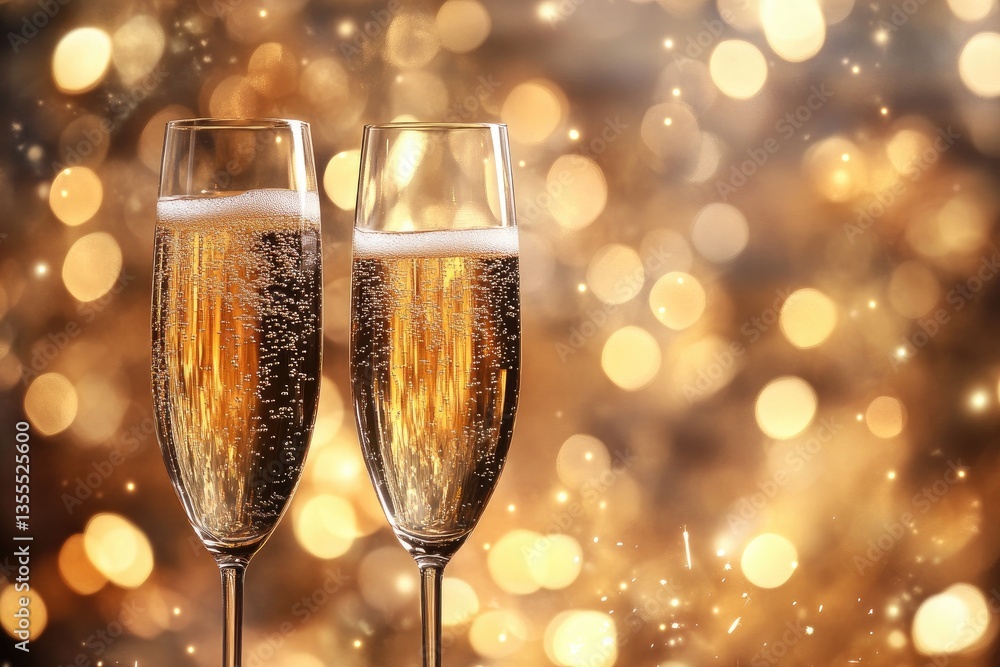 Sparkling celebratory champagne flutes against a warm bokeh background Sparkling celebratory champagne flutes against a warm bokeh background