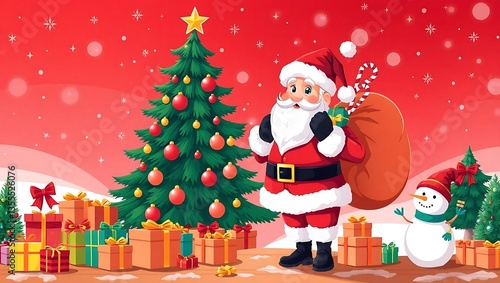 Santa Claus Holding Gifts in Front of a Christmas Tree - Festive Holiday Art, Santa Claus with Gifts, Christmas Celebration Scene, Festive Holiday Illustration, Magical Christmas Scene Santa 8K HD