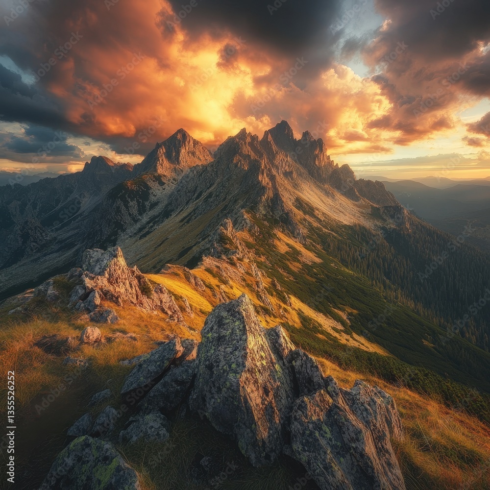 Obraz premium Mountain ridge peak landscape view with colorful sunset sky in backdrop