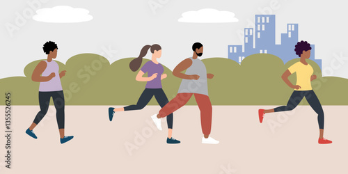 Group of people running the marathon in the city