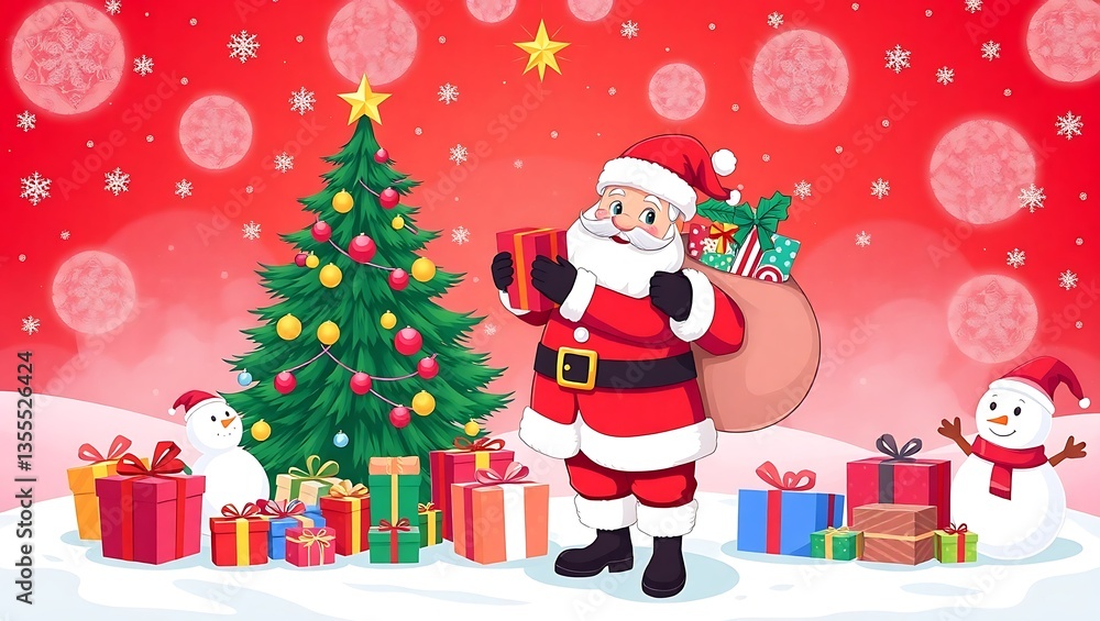 Fototapeta premium Santa Claus Holding Gifts in Front of a Christmas Tree - Festive Holiday Art, Santa Claus with Gifts, Christmas Celebration Scene, Festive Holiday Illustration, Magical Christmas Scene Santa 8K HD
