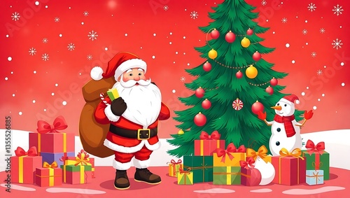 Santa Claus Holding Gifts in Front of a Christmas Tree - Festive Holiday Art, Santa Claus with Gifts, Christmas Celebration Scene, Festive Holiday Illustration, Magical Christmas Scene Santa 8K HD