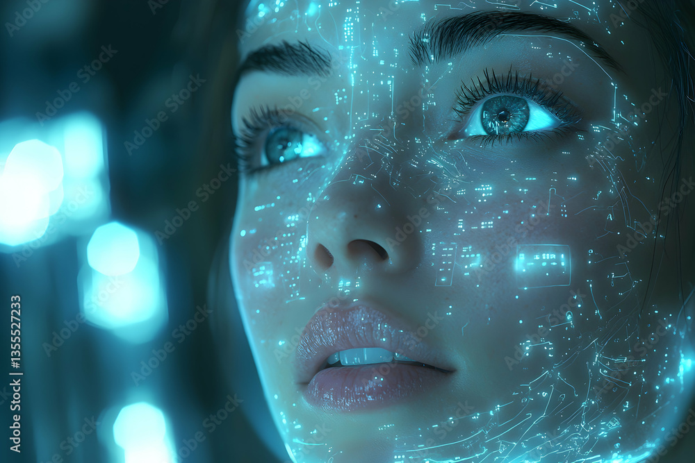 A digital portrait of a woman with a circuit board pattern on her face. Application: Visualization of AI or augmented human capabilities in creative projects. A digital portrait of a woman with a circuit board pattern on her face. Application: Visualization of AI or augmented human capabilities in creative projects.