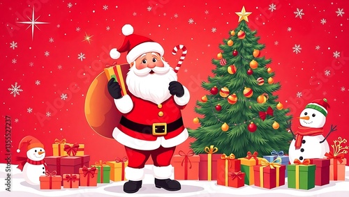Santa Claus Holding Gifts in Front of a Christmas Tree - Festive Holiday Art, Santa Claus with Gifts, Christmas Celebration Scene, Festive Holiday Illustration, Magical Christmas Scene Santa 8K HD