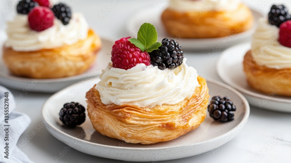 Delicious pastry with cream and fresh berries on plate, perfect for dessert lovers and culinary enthusiasts Delicious pastry with cream and fresh berries on plate, perfect for dessert lovers and culinary enthusiasts