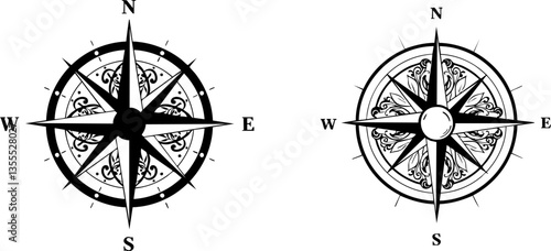 Two compass roses are presented in black and white with intricate details symbolizing direction and guidance Perfect for nautical themes or graphic.
