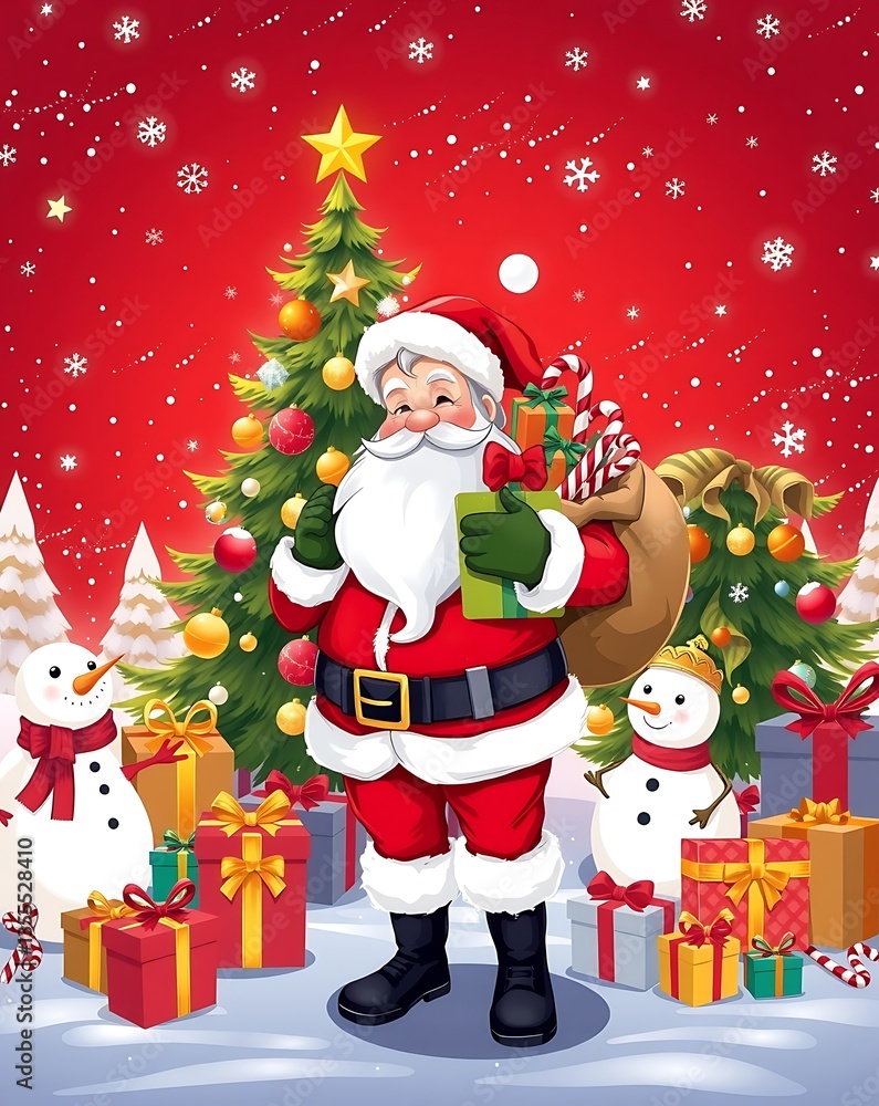 Santa Claus Holding Gifts in Front of a Christmas Tree - Festive Holiday Art, Santa Claus with Gifts, Christmas Celebration Scene, Festive Holiday Illustration, Magical Christmas Scene Santa 8K HD