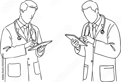 Two doctors are using a tablet computer in this line art illustration Perfect for healthcare technology and medical service visuals.